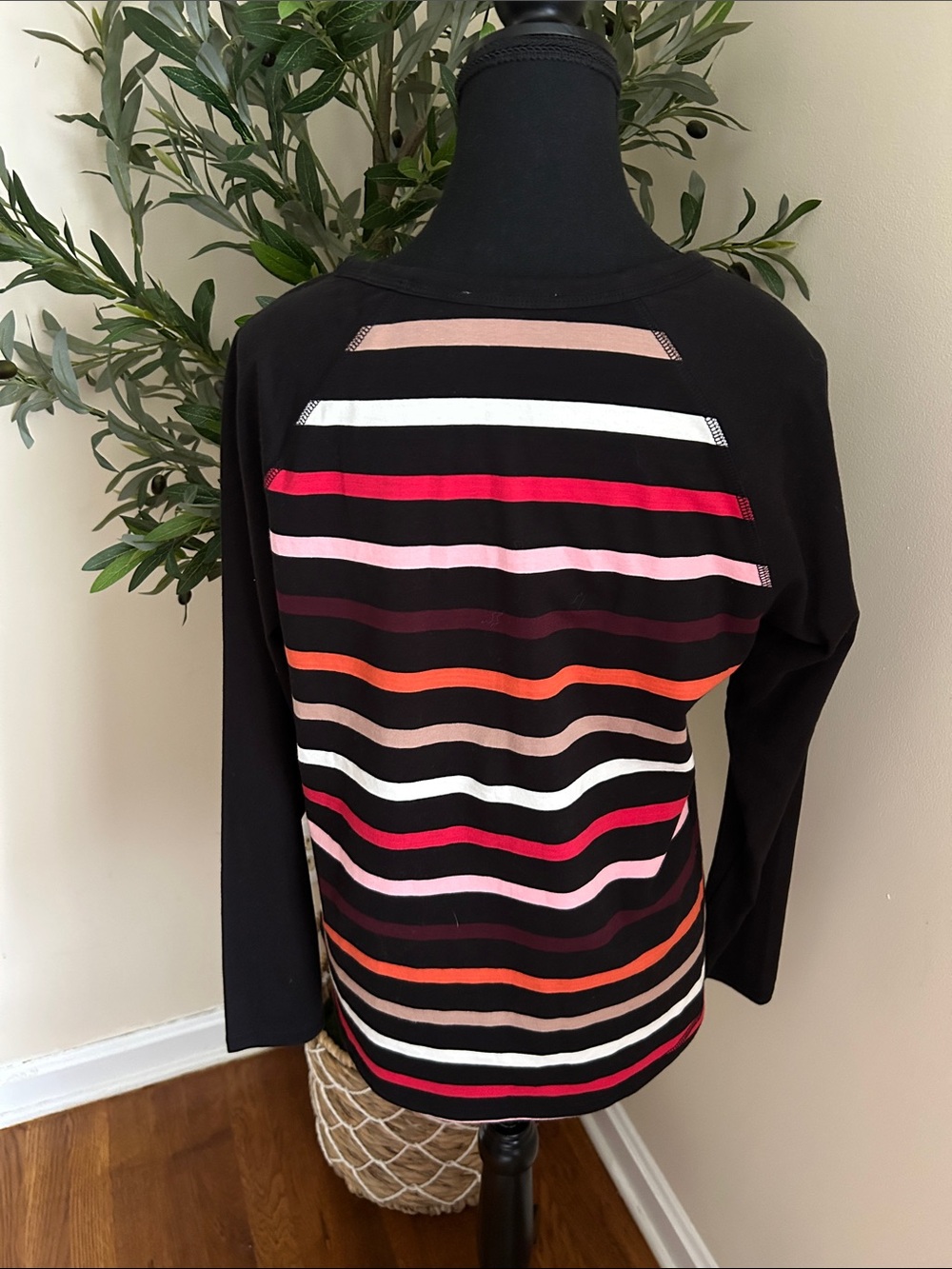 T by Talbots Black Long Sleeve Tee with Pink, Red, Orange & White Stripes